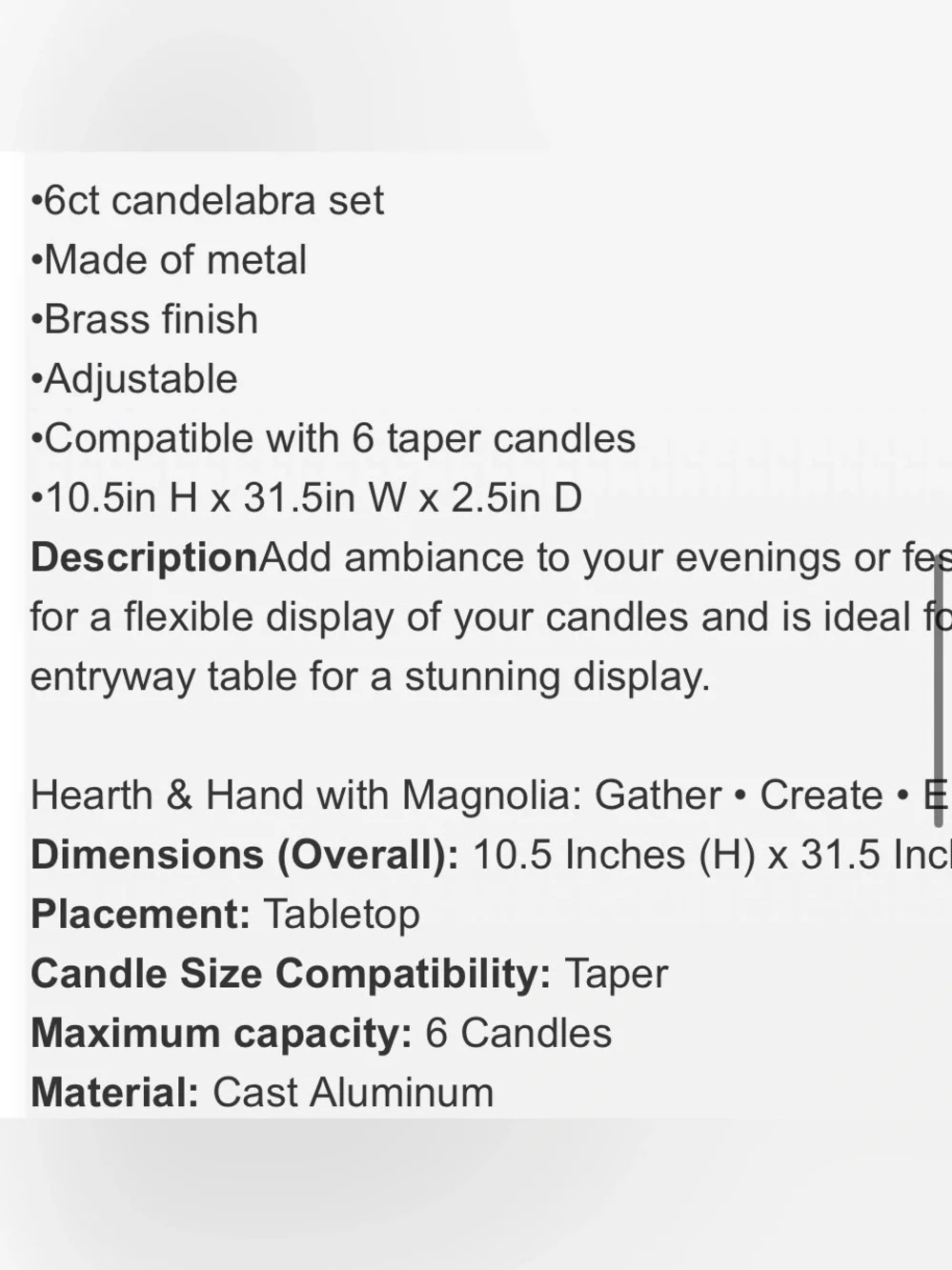 HEARTH & HAND NWT 6ct Taper Adjustable Brass Candelabra